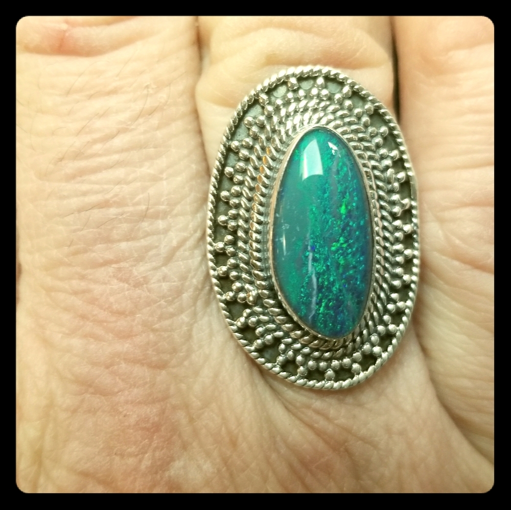 Sterling Blue Australian Triplet Opal ring Size 8